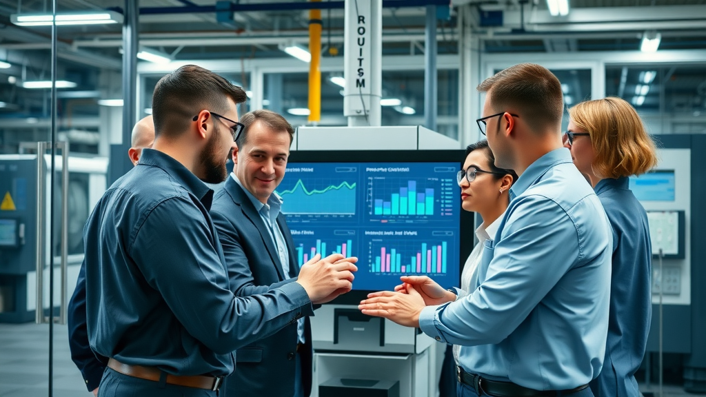 production monitoring - professional factory team reviewing real time data dashboard in modern plant