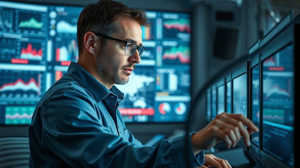 machine monitoring technician - analyzing data on control room screen for real time efficiency