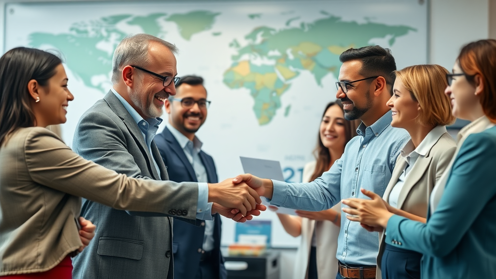 International trade scene with diverse exporters, handshake, lively corporate office, world maps and goods, vivid, highly detailed, export focus, bilateral trade agreement