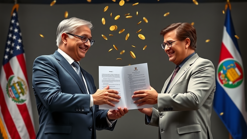 US and Costa Rican officials exchanging documents, celebration, international cooperation, vibrant, bilateral trade agreement success