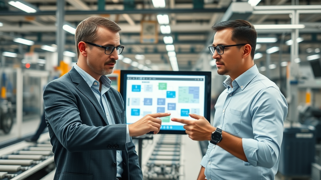 Professional electronics factory managers discuss supply chain maps during electronics supply chain reshoring transition