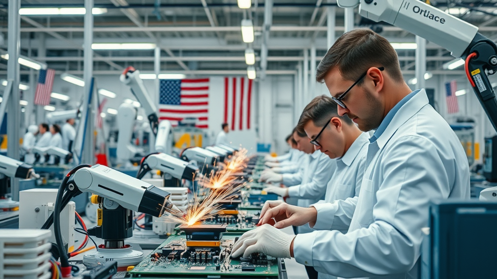 American electronics manufacturing plant highlighting supply chain reshoring with workers assembling electronics under the US flag