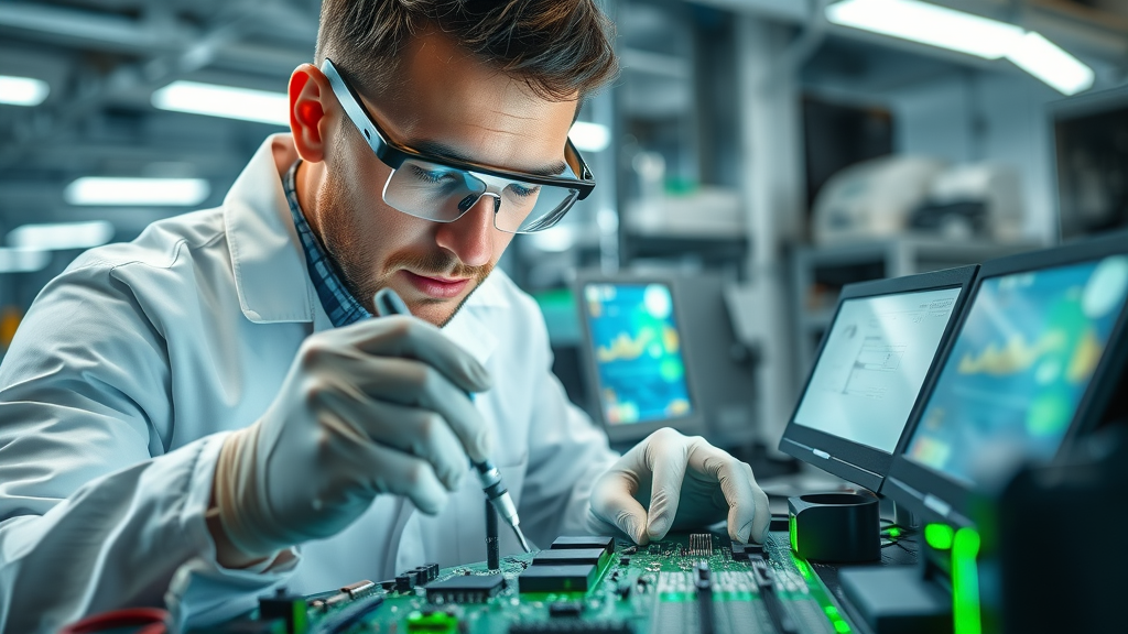 Technician using advanced quality inspection tools for electronics supply chain reshoring in a modern laboratory