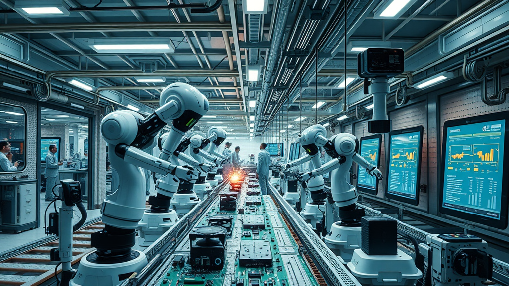 Futuristic automated electronics factory highlighting digital supply chain reshoring, robots assembling circuit boards, workers at screens