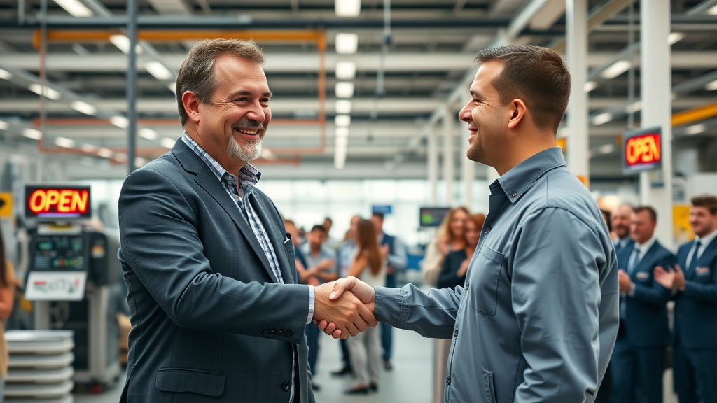 Executive and engineer celebrate electronics supply chain reshoring and factory reopening, signaling new start in domestic manufacturing