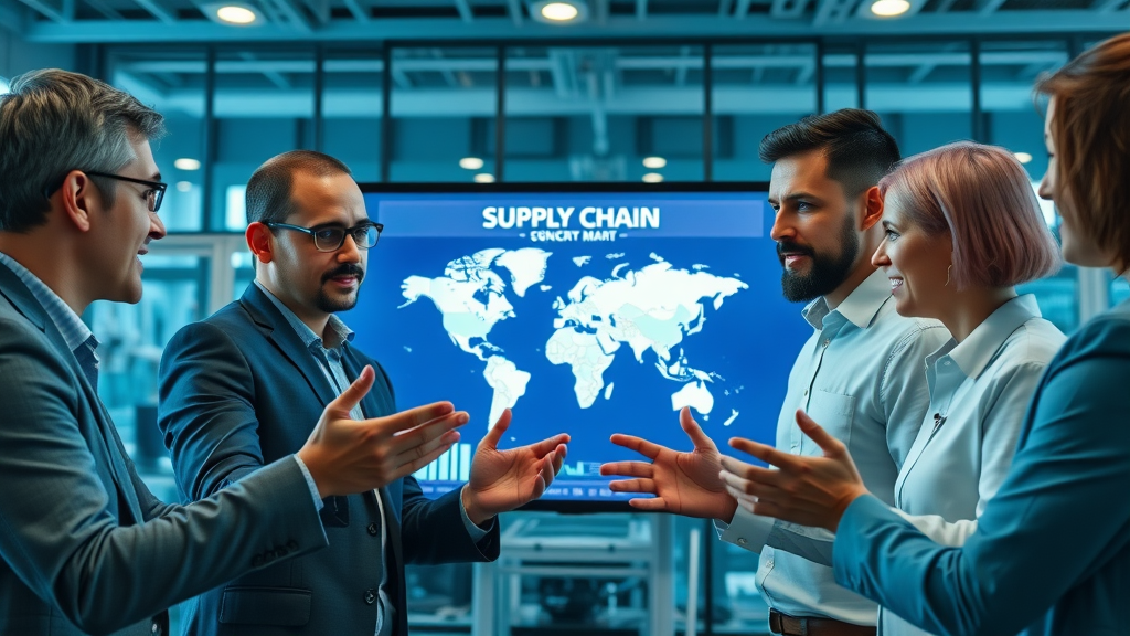 business meeting discussing global supply chain maps, reshoring electronic manufacturing decisions
