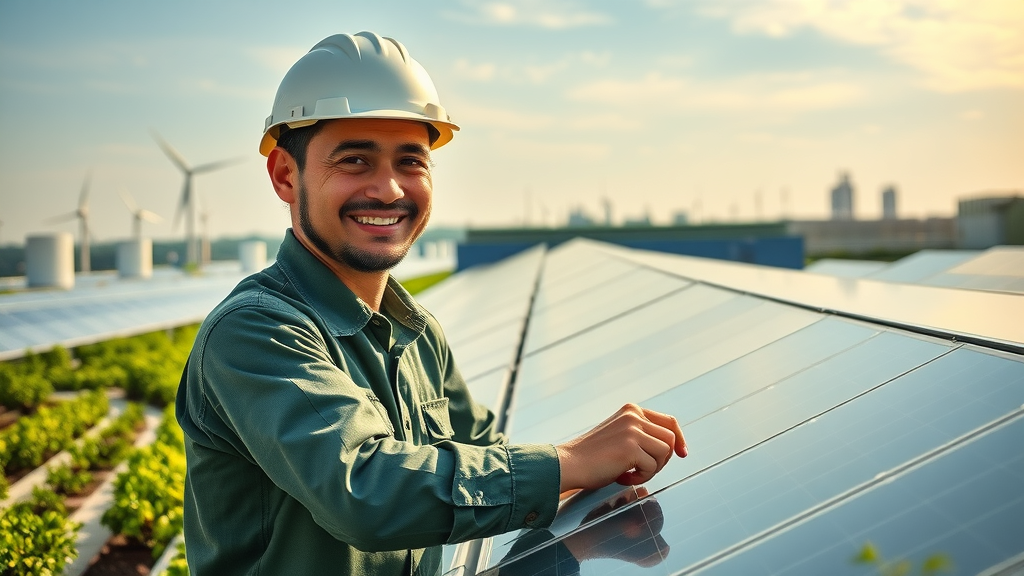 worker adjusting solar panels atop sustainable electronics factory, promoting green manufacturing practices