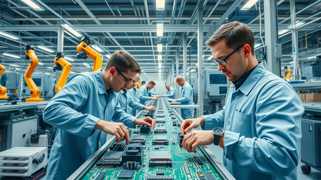 Modern electronics manufacturing factory with efficient workers and robotic arms, representing electronics production relocation and high-tech supply chain operations