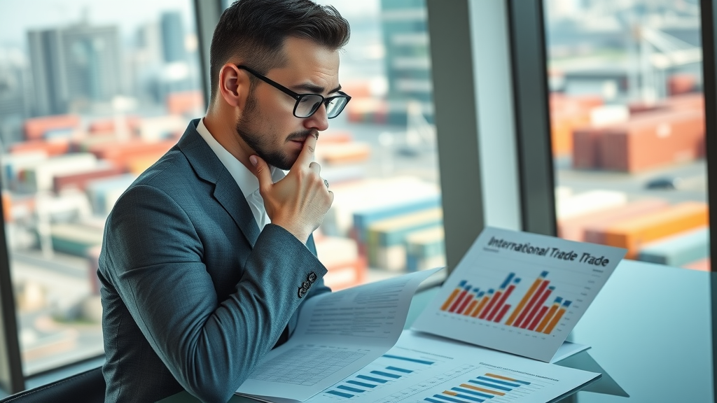 Business executive considering trade tariffs impact, international trade documents and bar graphs, modern office, shipping containers view