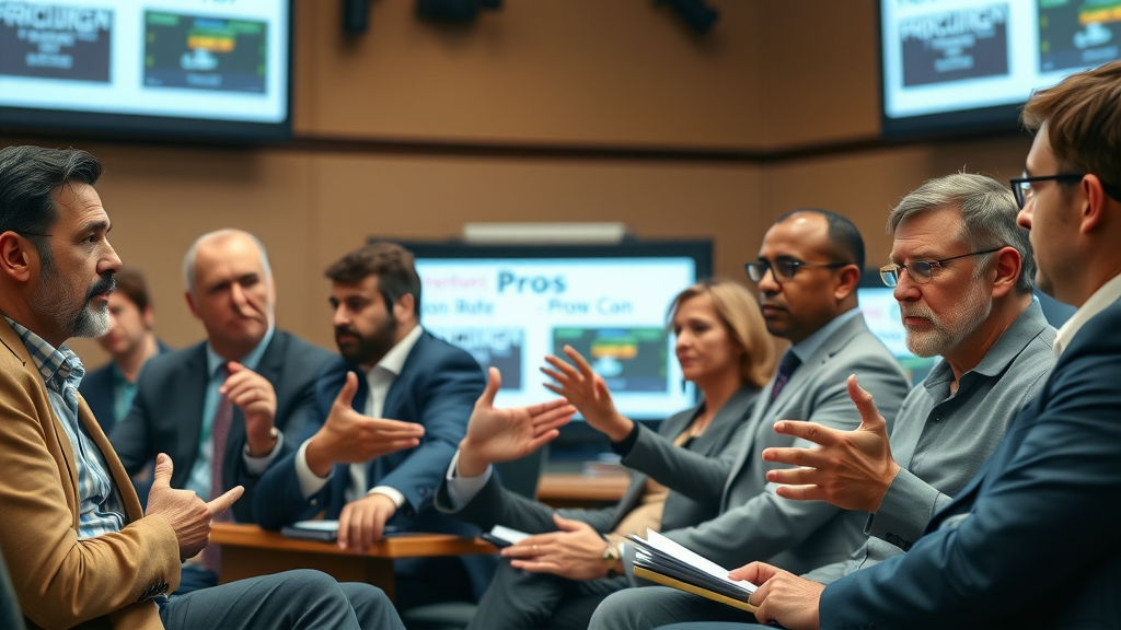 Economists debate pros and cons of tariffs, with digital screens showing arguments, university hall