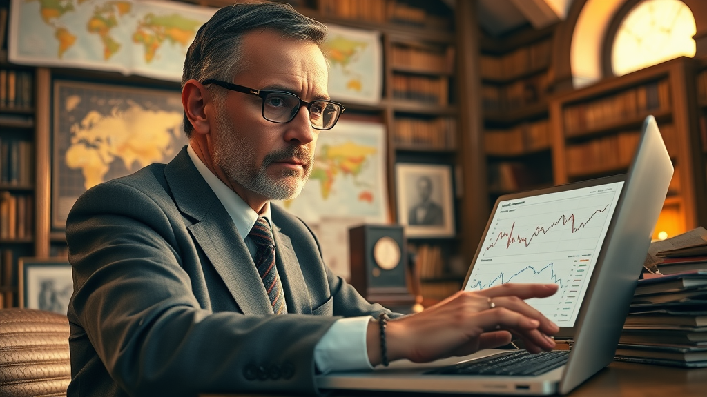 Government analyst calculating tariff rates, reviewing global tariff schedules on laptop