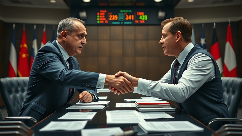 Two diplomats shaking hands over trade agreements and scattered treaties, trade war negotiation scene
