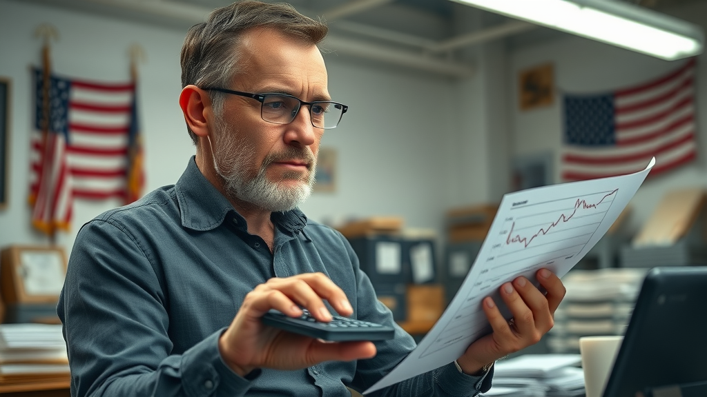Mid-sized manufacturing owner reviewing tariff-impacted profit charts with decline, U.S. flag