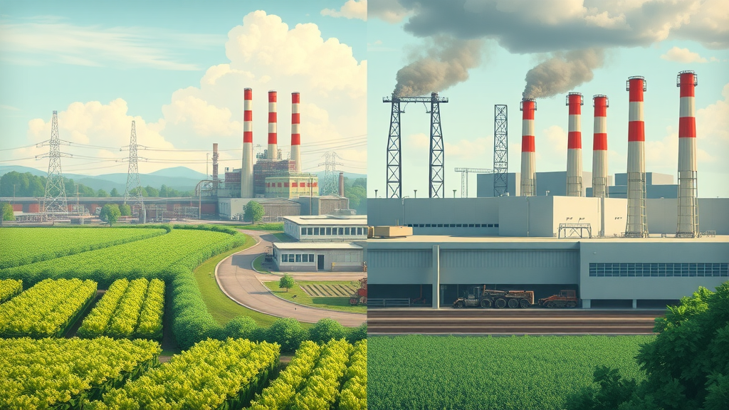 Thriving farm with green growth and struggling auto factory, illustration of trade tariffs winners and losers