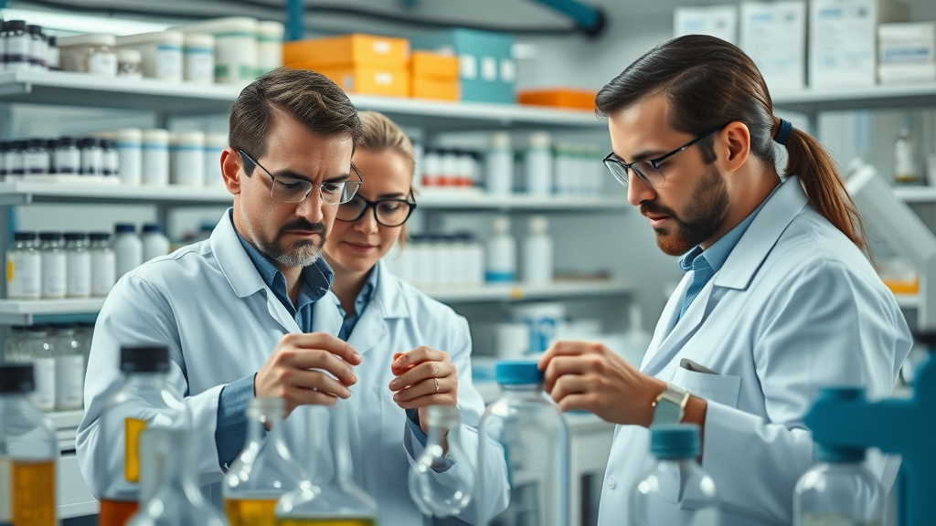 A pharmaceutical manufacturing team examining chemical ingredients for reshoring pharmaceuticals in a state-of-the-art laboratory environment.