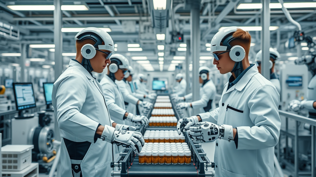 Cutting-edge automated pharmaceutical factory with robotics and engineers showcasing technological progress in reshoring pharmaceuticals.