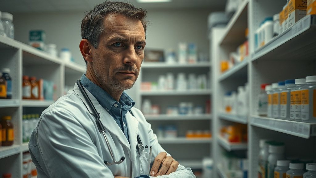 Worried pharmacist reviewing empty medical supply shelves, showing supply chain fragility in the pharmaceutical industry.