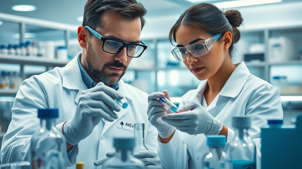 pharmaceutical reshoring benefits: scientists in a modern pharmaceutical laboratory examining medicine vials and analyzing active ingredients