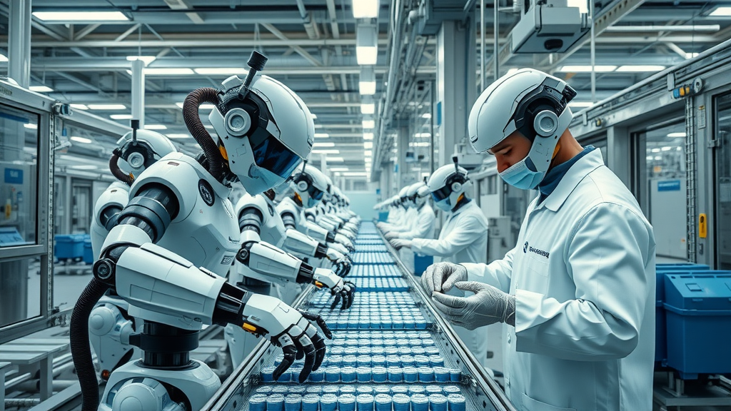 pharmaceutical reshoring benefits: advanced pharmaceutical factory with industrial robots assembling drug components for domestic drug production