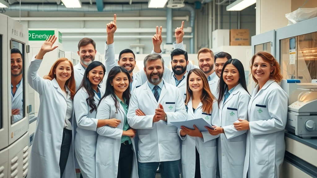 pharmaceutical reshoring benefits: diverse and optimistic workforce in a biotech facility celebrating new job creation and domestic manufacturing growth