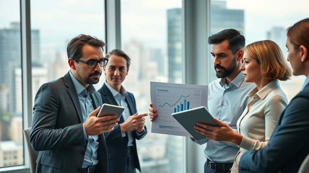 pharmaceutical reshoring benefits: executive team reviewing financial charts and discussing challenges in pharmaceutical investment and domestic manufacturing