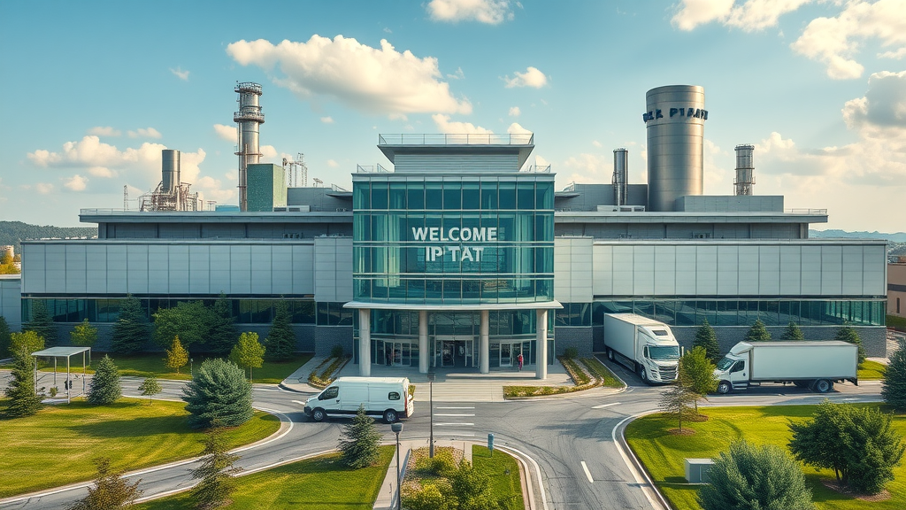 pharmaceutical reshoring benefits: modern American pharmaceutical plant exterior, showcasing efficient manufacturing and busy logistics activity