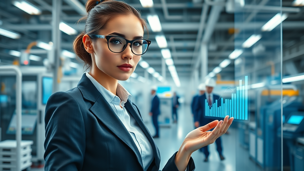 Businesswoman analyzing data on digital screen in modern factory office for content that moves business forward