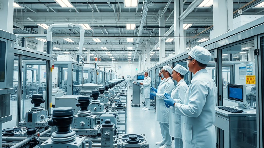 Dramatic pharmaceutical manufacturing facility, bustling with modern robotics and meticulous quality assurance staff ensuring drug manufacturing reshoring success