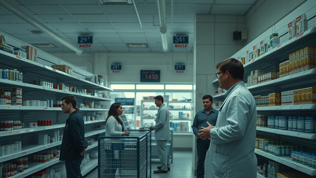Somber scene of empty pharmacy shelves illustrating drug shortages due to weak pharmaceutical supply chain resilience and delayed drug manufacturing reshoring