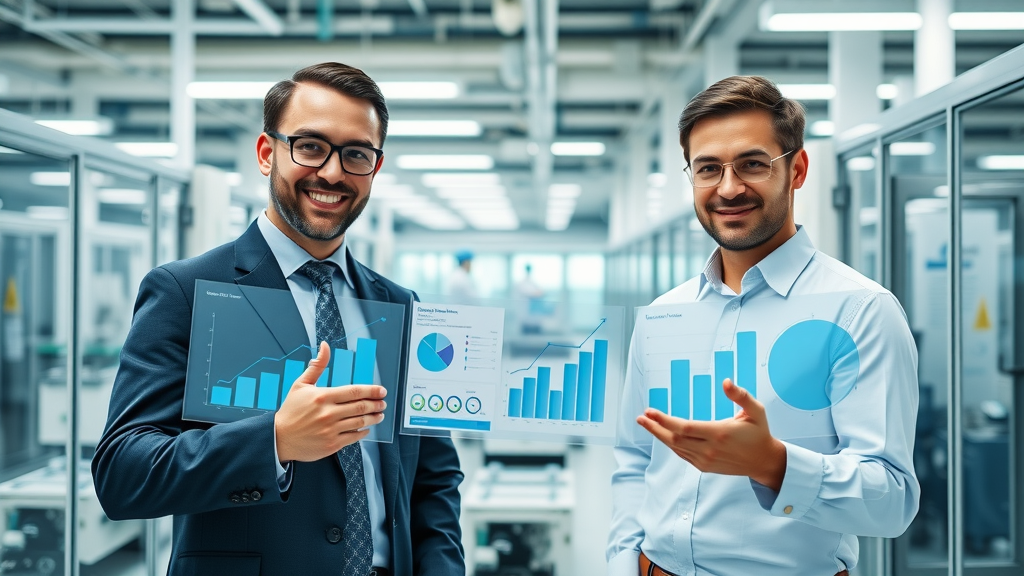 Confident pharmaceutical executives reviewing domestic manufacturing dashboard and cost-quality supply chain outcomes in a state-of-the-art U.S. facility