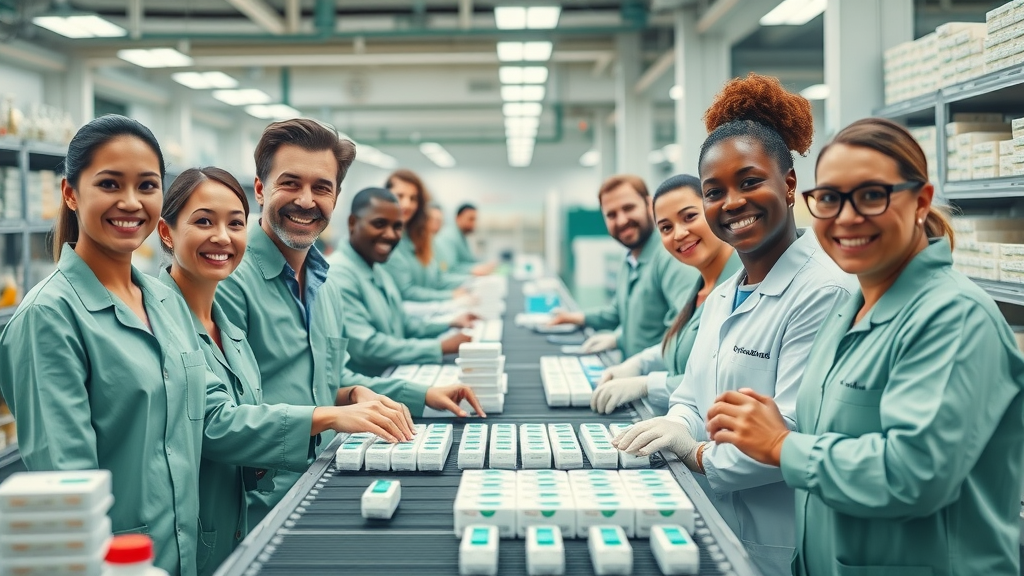 Uplifting drug manufacturing reshoring impact—diverse U.S. workers collaborating to maintain consistent pharmaceutical supply and reduce drug shortages