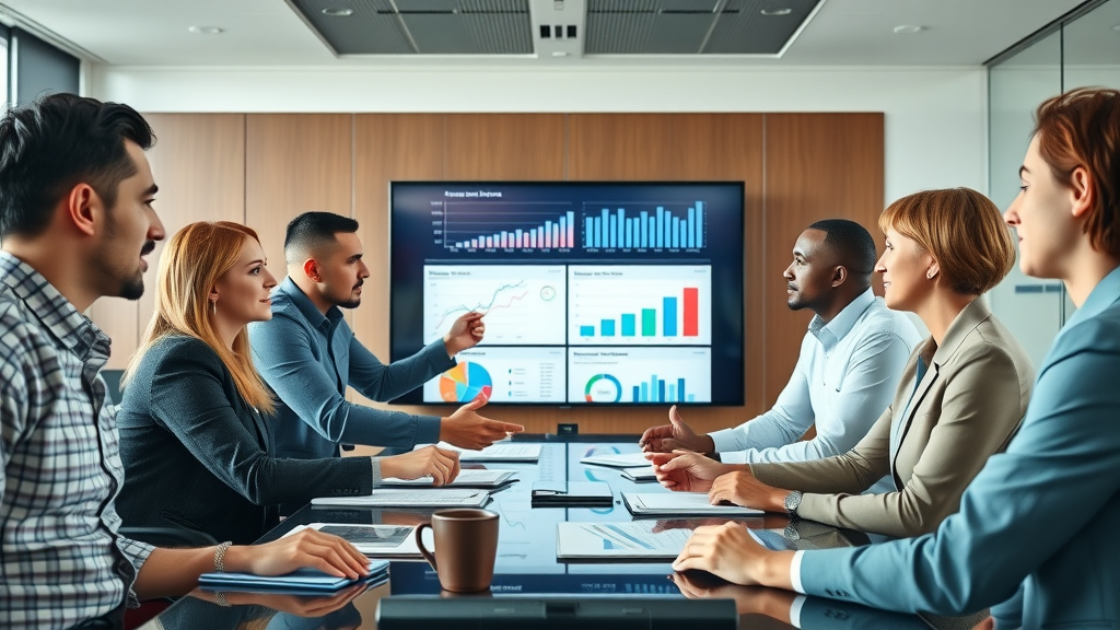 pharma supply chain management team meeting, collaborative professionals analyzing digital dashboard for supply chain metrics, effective chain operations