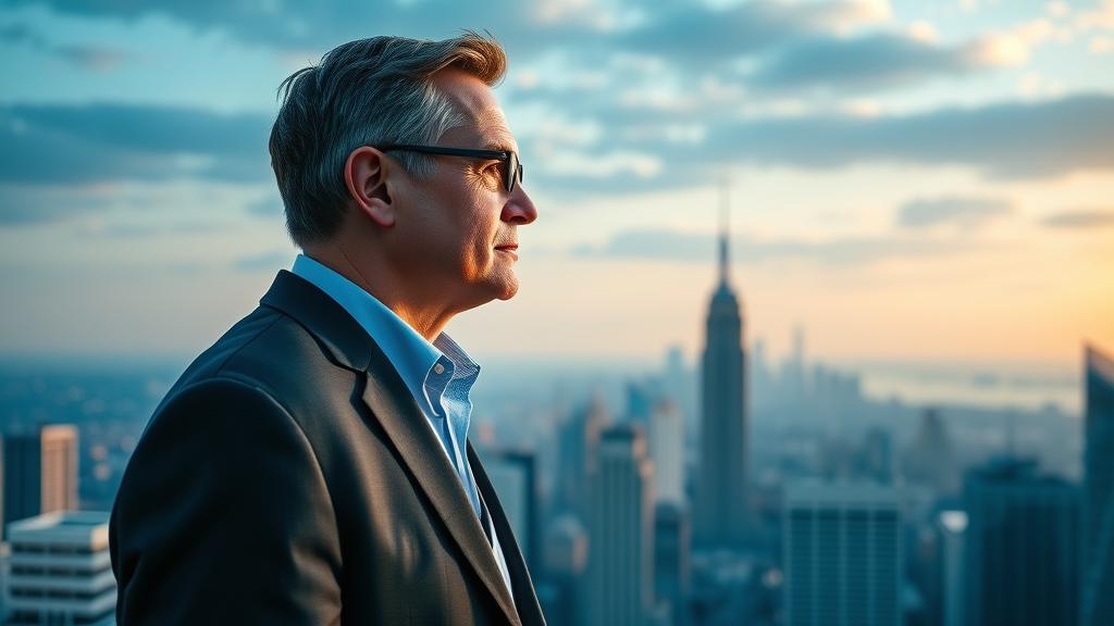 future of pharma supply chain localization, executive contemplating innovation over city skyline, symbolizing leadership and supply chain transformation