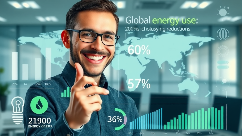 dynamic infographic of global energy use reduction statistics, showing positive impact of energy efficiency, modern office background with world map, energy icons, and charts