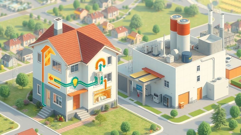 modern illustration of home and industrial buildings displaying efficient systems such as insulation, smart lighting, appliances, and energy flow