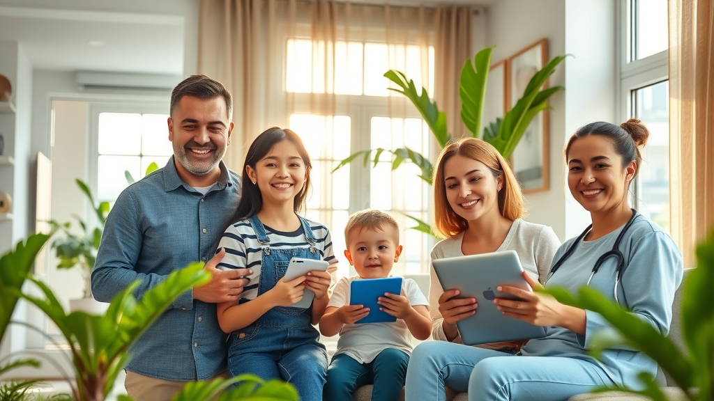 happy family and workers enjoying modern energy efficient home and workplace, engaging with efficient appliances and HVAC systems