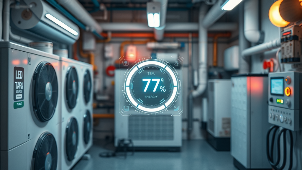 array of cutting-edge energy technologies including heat pumps, smart thermostats, LED lighting, insulation, and automation controls in a high-tech utility room