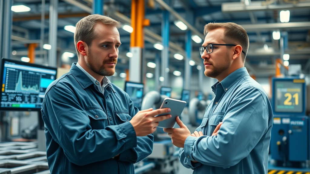forward-thinking industrial engineers collaborating in modern manufacturing facility, monitoring energy usage dashboards and automated systems