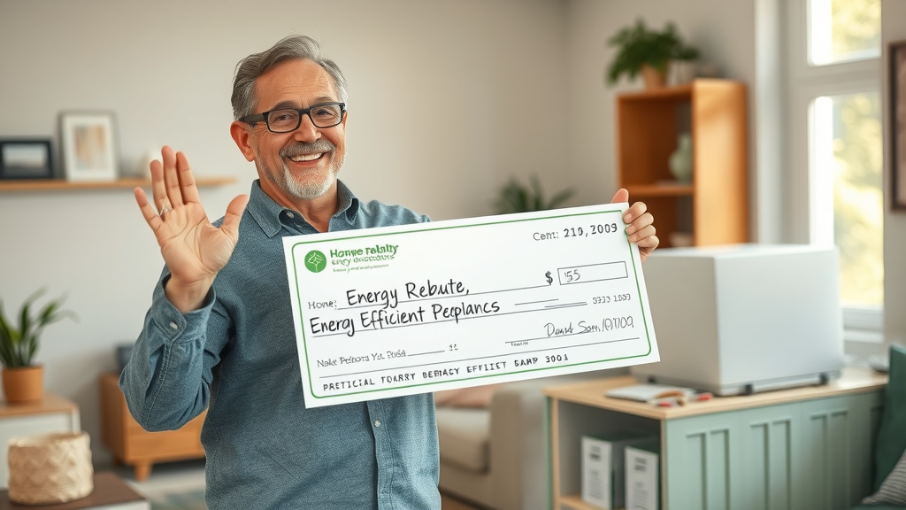 happy homeowner receiving energy rebate check, next to new energy efficient appliances