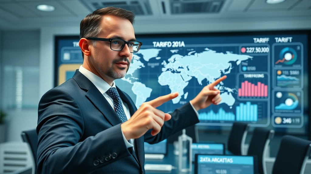Tariff impacts infographic with business analyst and world map tariff data