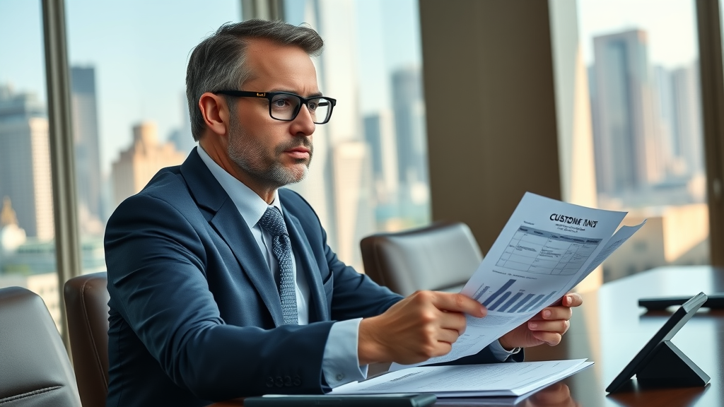 Executive reviewing tariff rate and customs chart reports for business outcomes