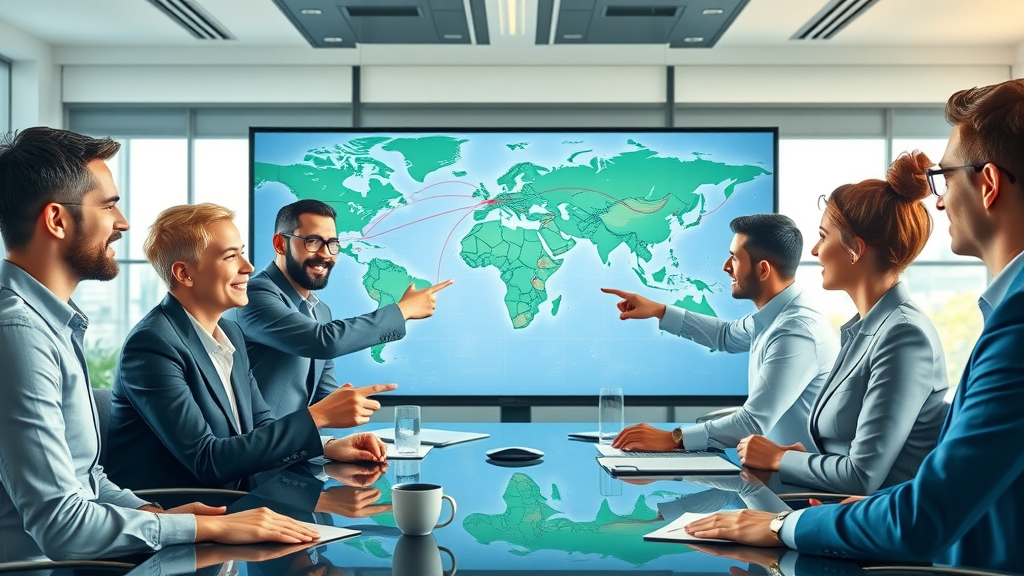 diverse business executives discussing reshoring and global supply chain strategy