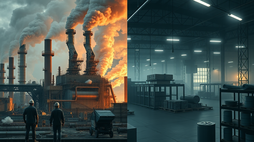 split scene showing thriving steel factory and struggling tech warehouse impacted by tariffs