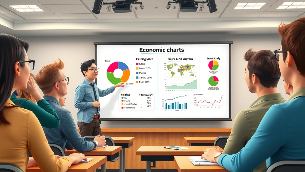 instructor explaining economic charts and tariff impacts in classroom