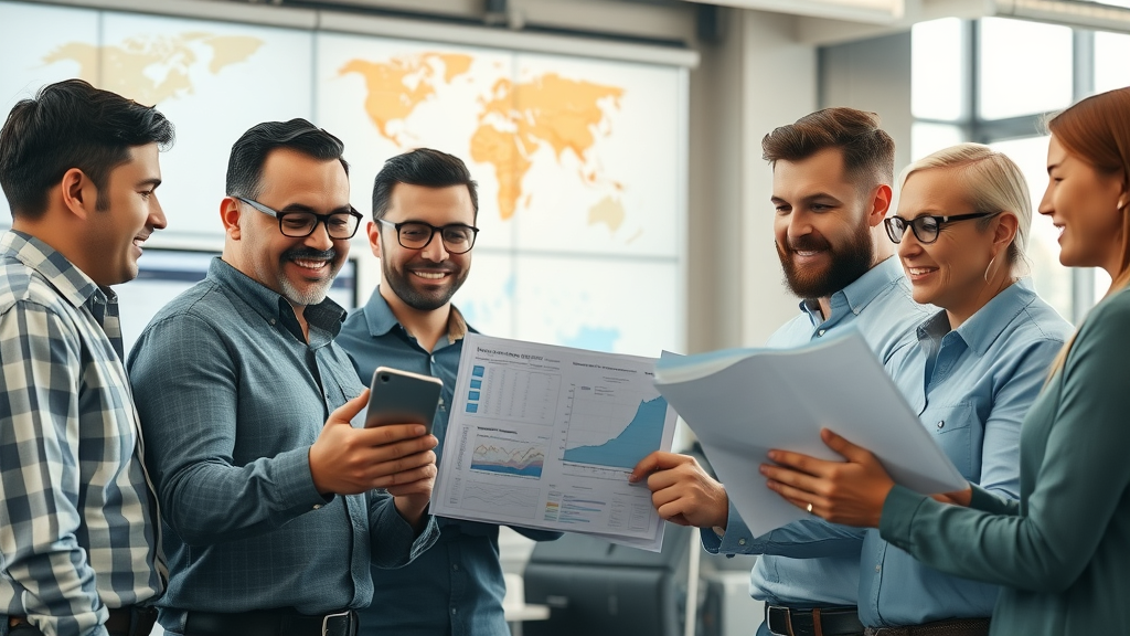 resilient manufacturing team reviewing digital reports about global trade and tariffs