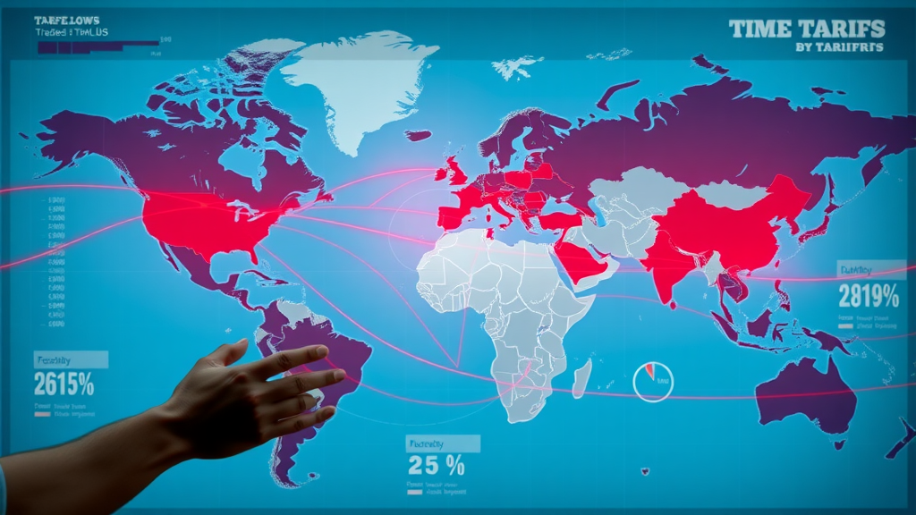 Infographic showing global trade flows disrupted by tariffs, map elements, dynamic arrows, world map with highlighted supply chain data points, emphasizing trade tariffs effects