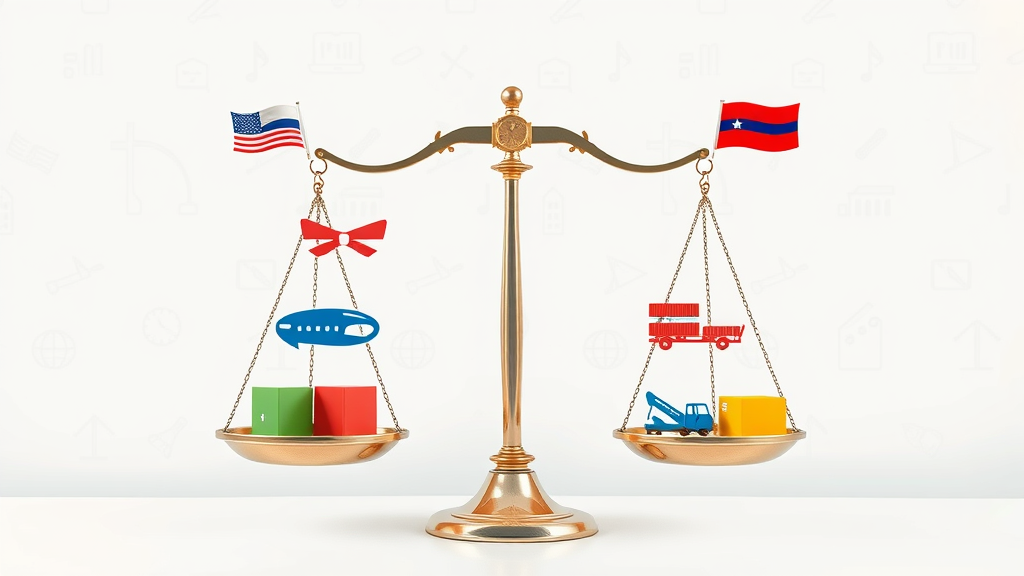 Tariff scales balanced with export and import symbols, effective tariff vs. tariff rate illustration, international trade icons emphasize economic effects