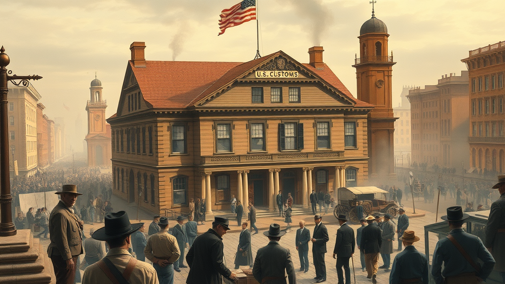 Historic U.S. customs house illustration with traders and goods, period cityscape—emphasizing historical economic effects of tariffs