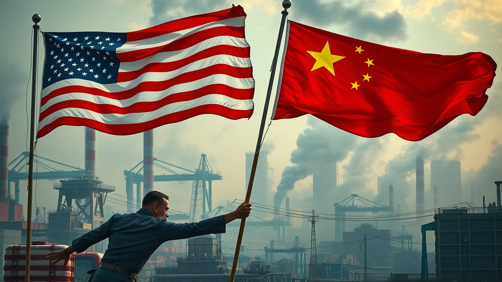 Dramatic scene of U.S. and Chinese flags with factories, symbolizing U.S.-China trade war, economic effects of tariffs on businesses