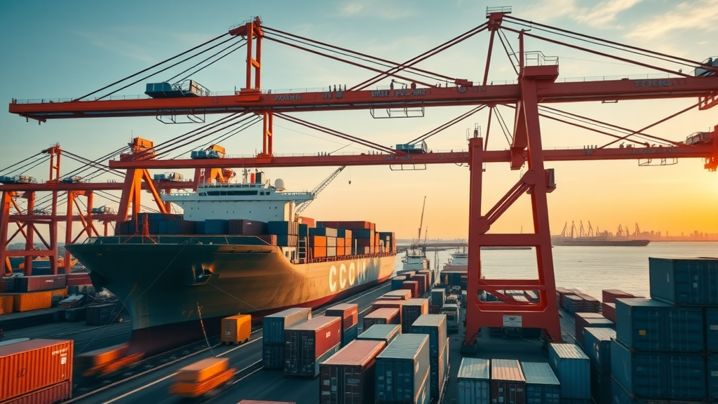 Dynamic export port scene with cranes, containers, and workers, highlighting trade tariffs effects on export capacity and supply chain shifts